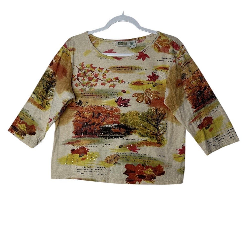 Collections Etc Top Women Medium Fall Floral Sequin Blouse  Artsy Leaves Stretch